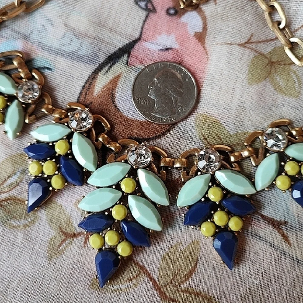 J. Crew Brass Tone Clear Navy Mint Pistachio Stones Statement Necklace Vintage